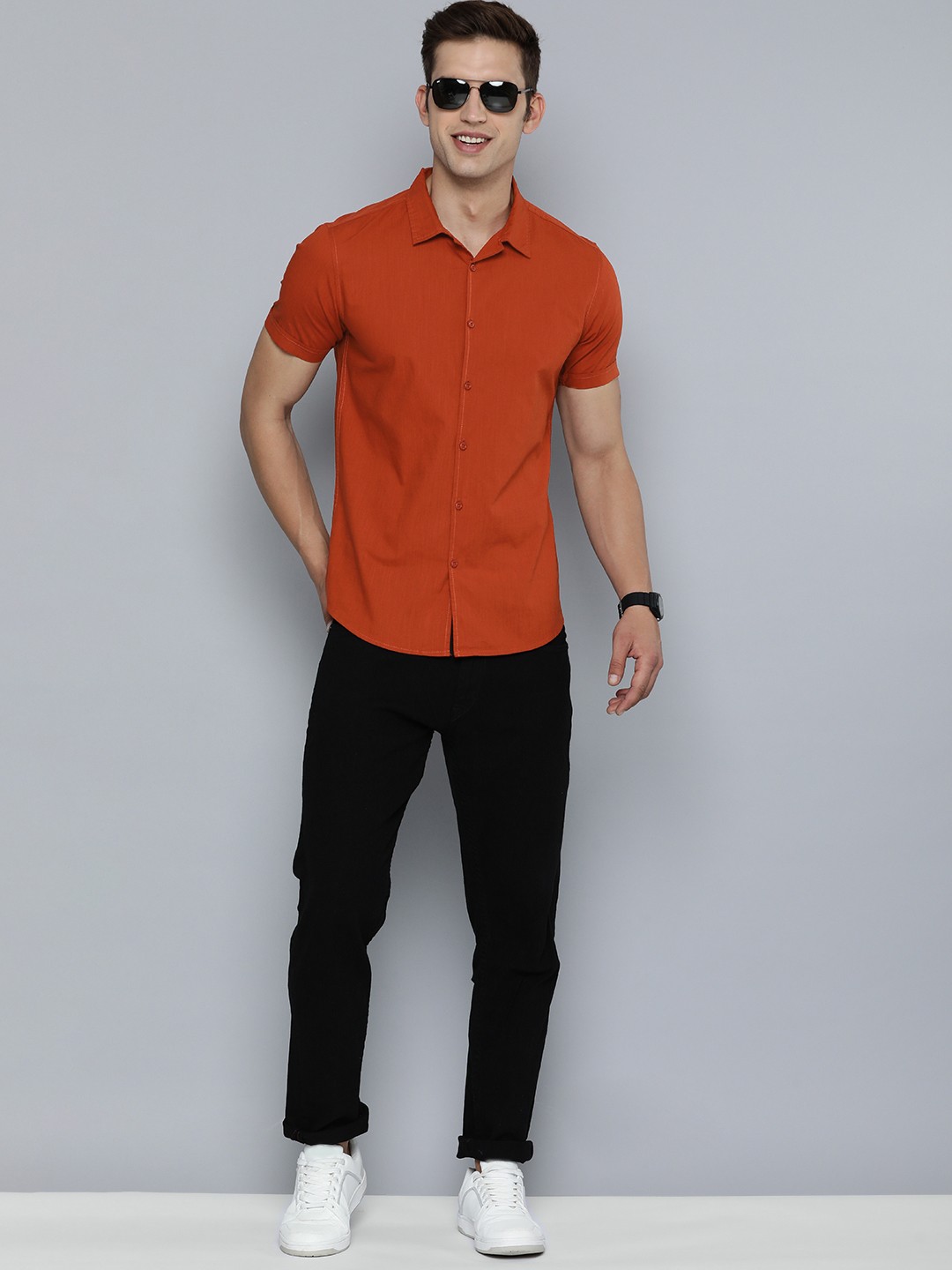 

HERE&NOW Men Pure Cotton Slim Fit Solid Cuban Collar Casual Shirt, Rust