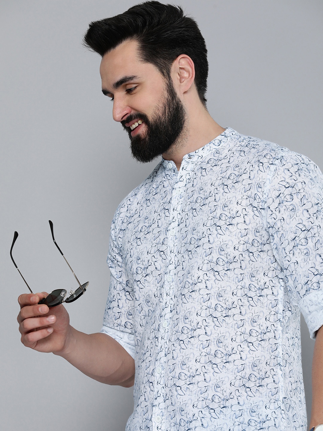 

HERE&NOW Slim Fit Abstract Printed Pure Cotton Casual Shirt, White