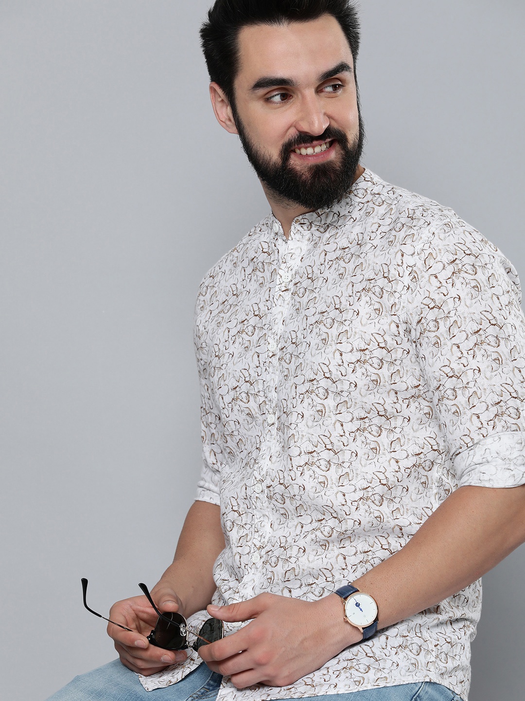 

HERE&NOW Slim Fit Abstract Printed Pure Cotton Casual Shirt, White