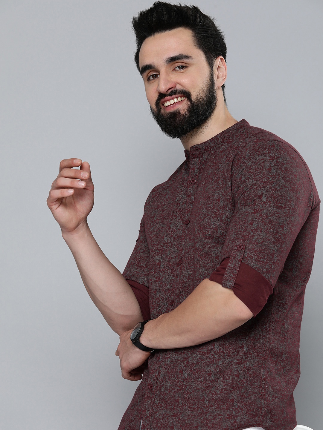 

HERE&NOW Slim Fit Ethnic Printed Pure Cotton Casual Shirt, Maroon