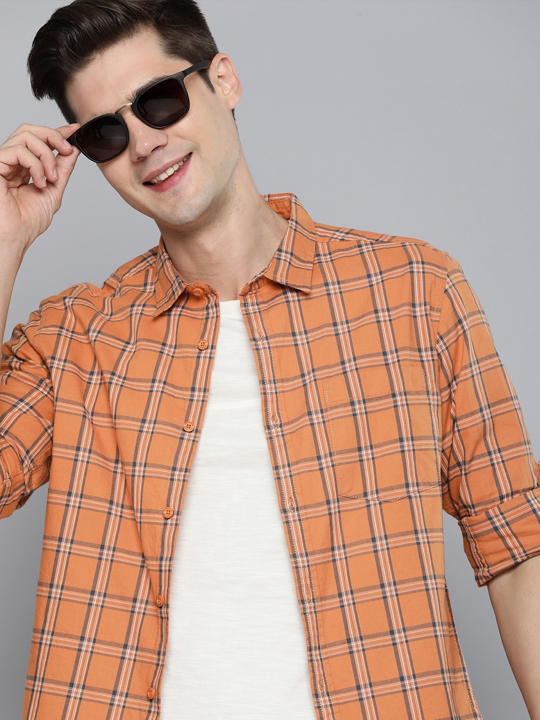 

HERE&NOW Pure Cotton Slim Fit Tartan Checked Casual Shirt, Rust