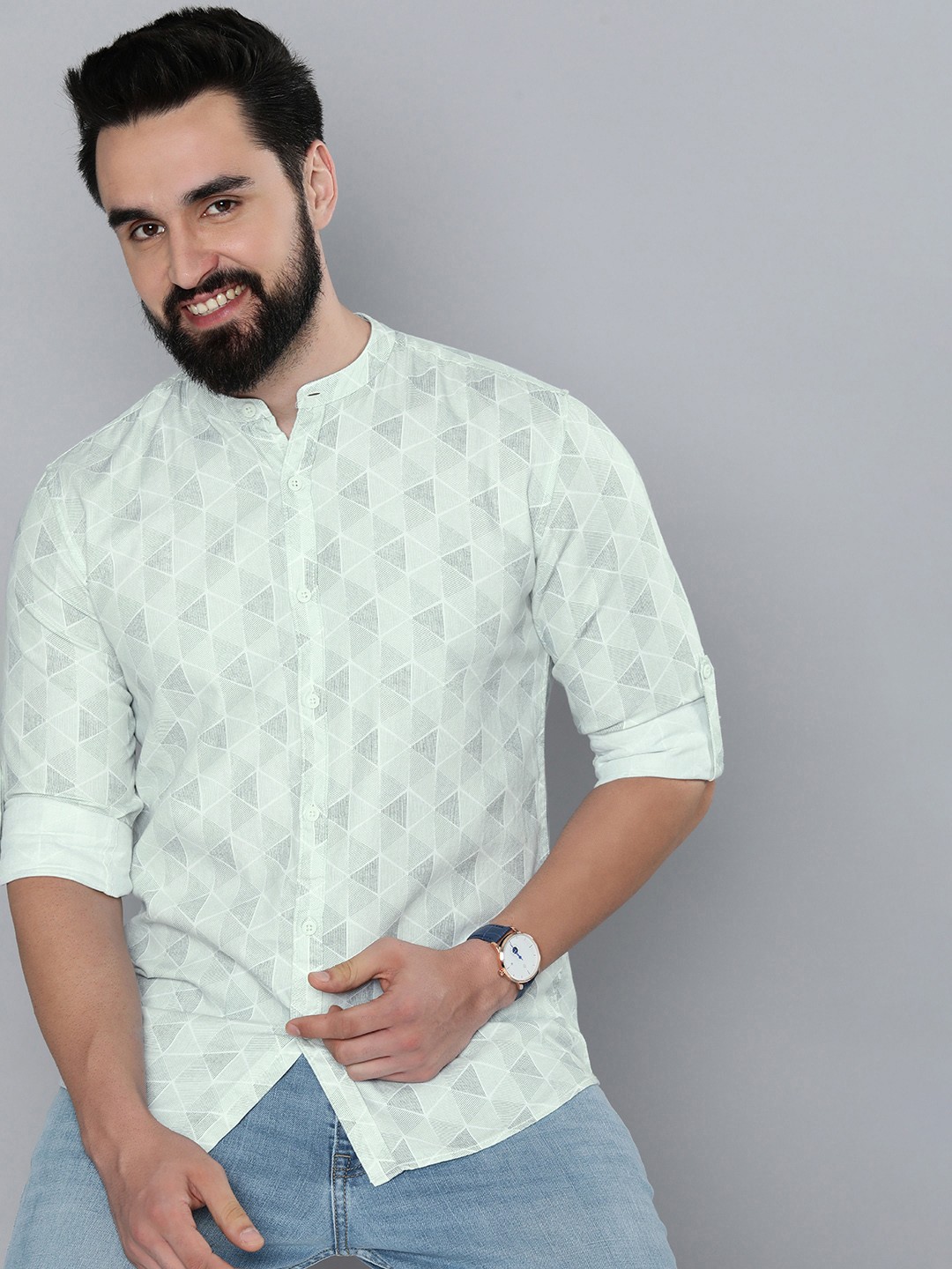 

HERE&NOW Slim Fit Geometric Printed Pure Cotton Casual Shirt, Green