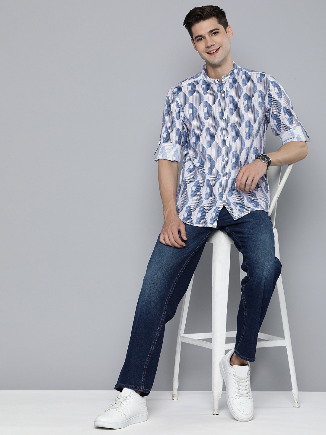 

HERE&NOW Men Pure Cotton Slim Fit Opaque Printed Casual Shirt, Blue