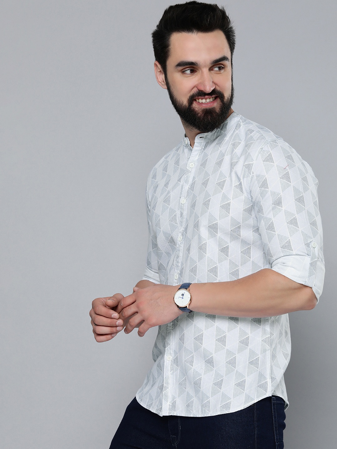 

HERE&NOW Slim Fit Geometric Printed Pure Cotton Casual Shirt, Blue