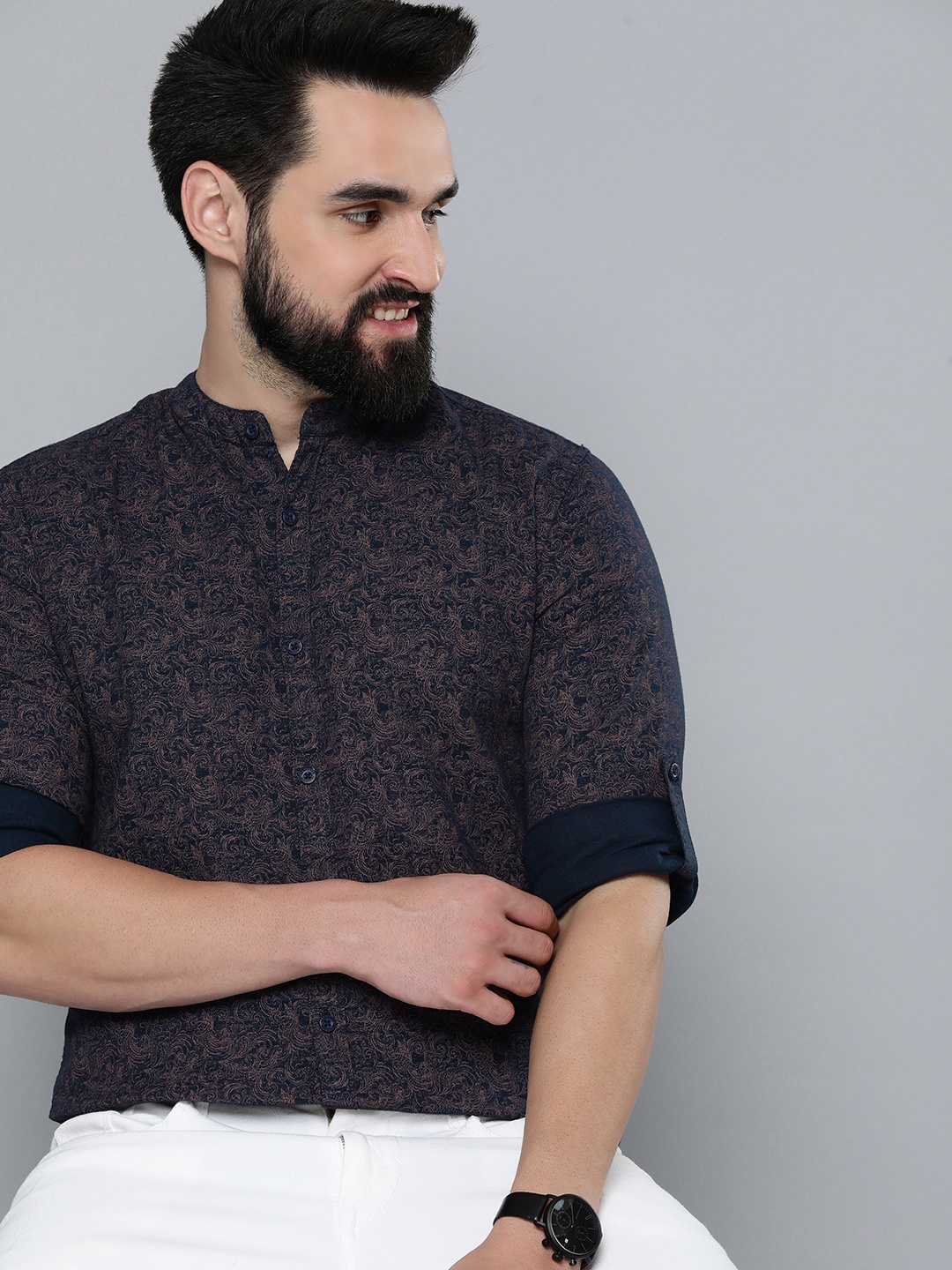 

HERE&NOW Slim Fit Ethnic Printed Pure Cotton Casual Shirt, Blue