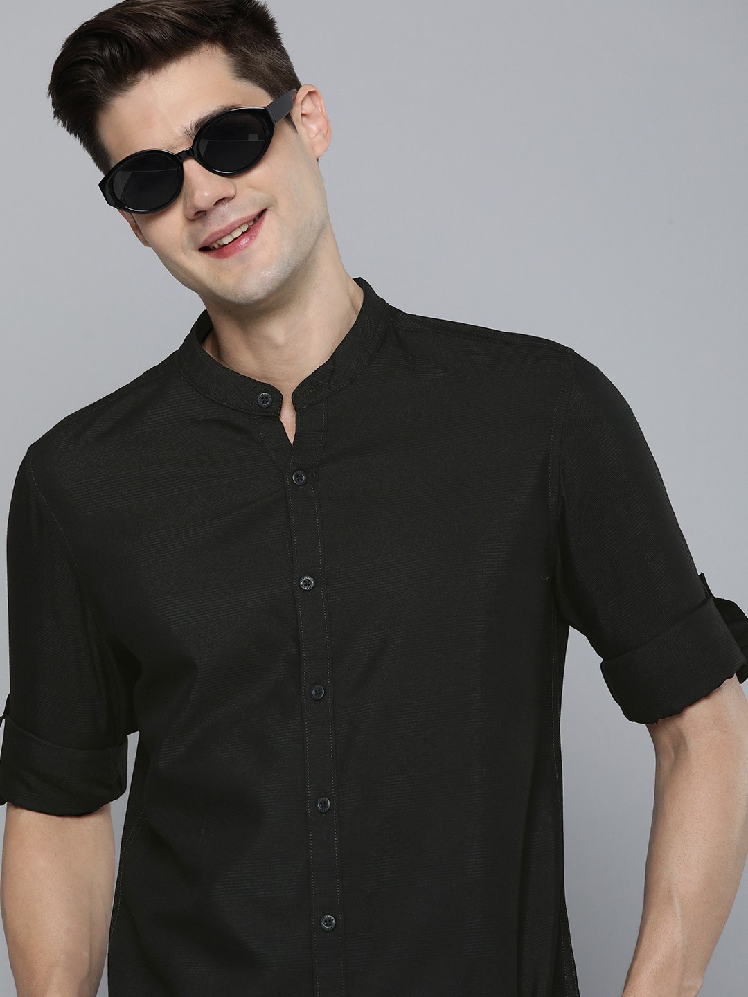 

HERE&NOW Pure Cotton Slim Fit Self Striped Opaque Casual Shirt, Black