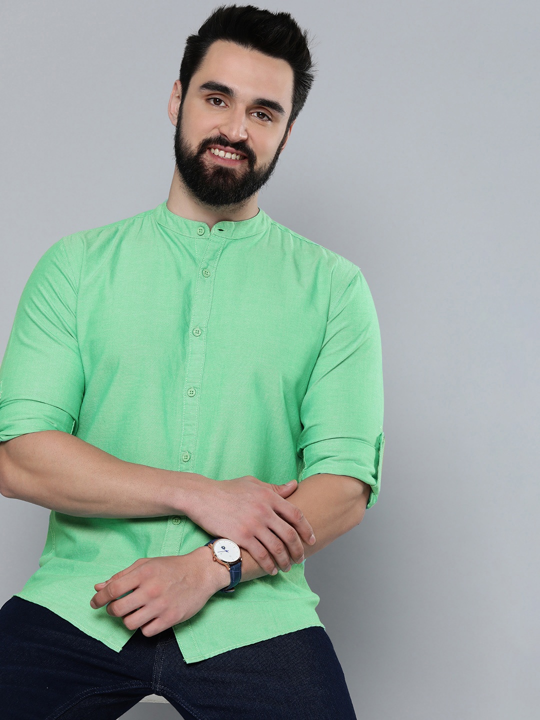 

HERE&NOW Solid Slim Fit Pure Cotton Casual Shirt, Green