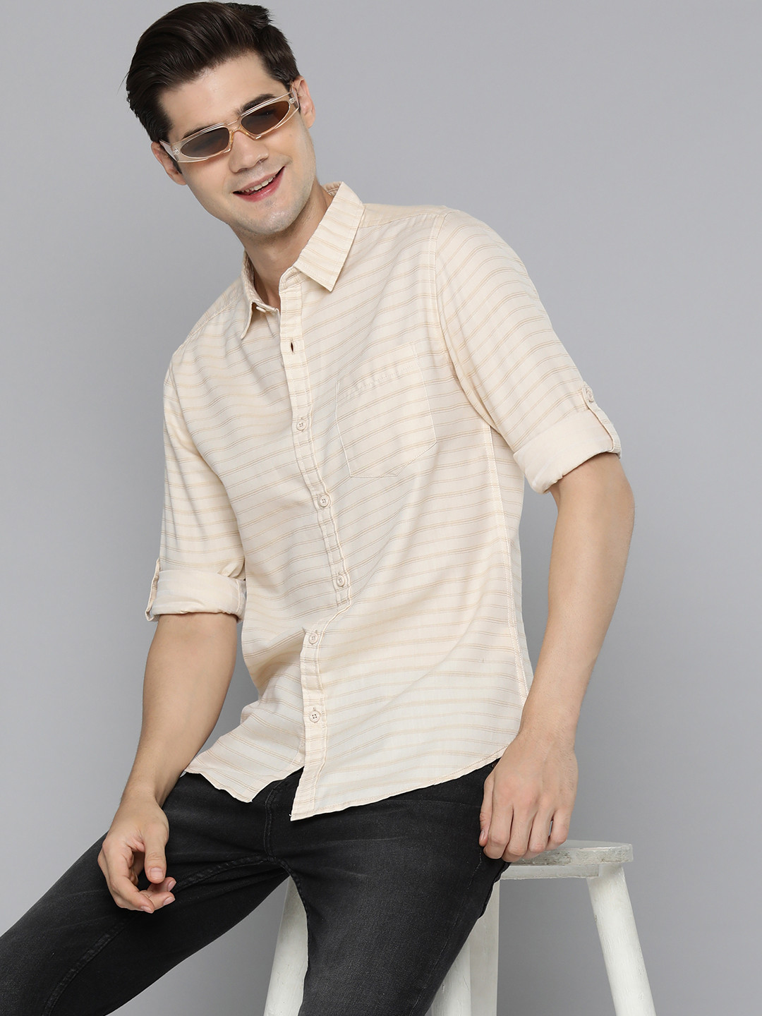 

HERE&NOW Slim Fit Striped Casual Shirt, Beige