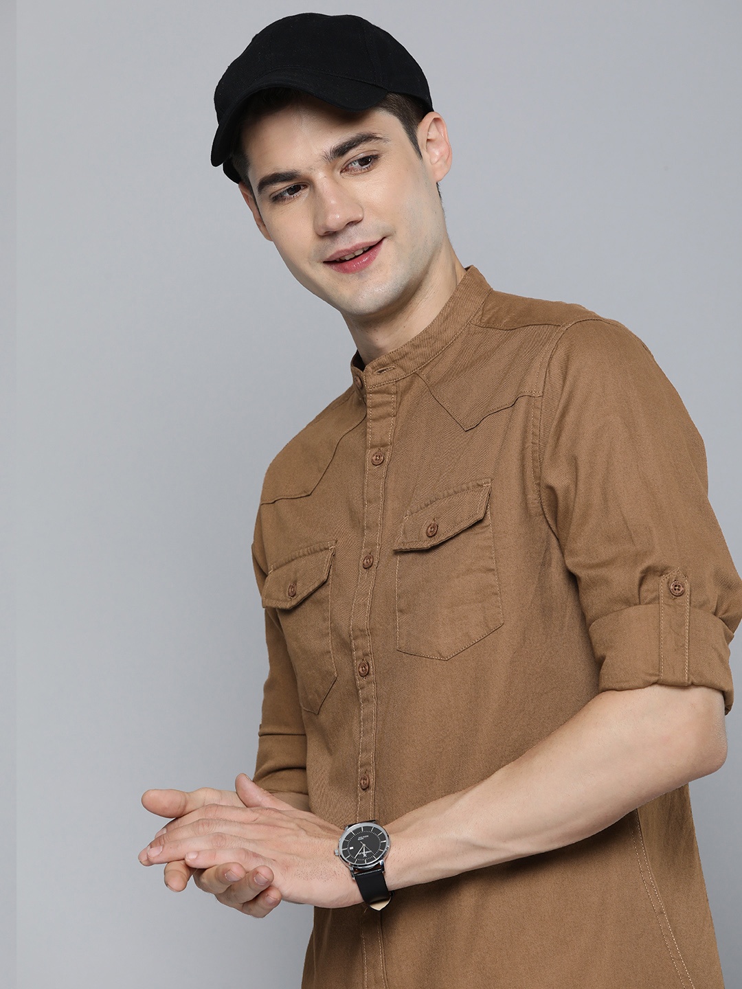 

HERE&NOW Men Pure Cotton Slim Fit Opaque Casual Shirt, Brown