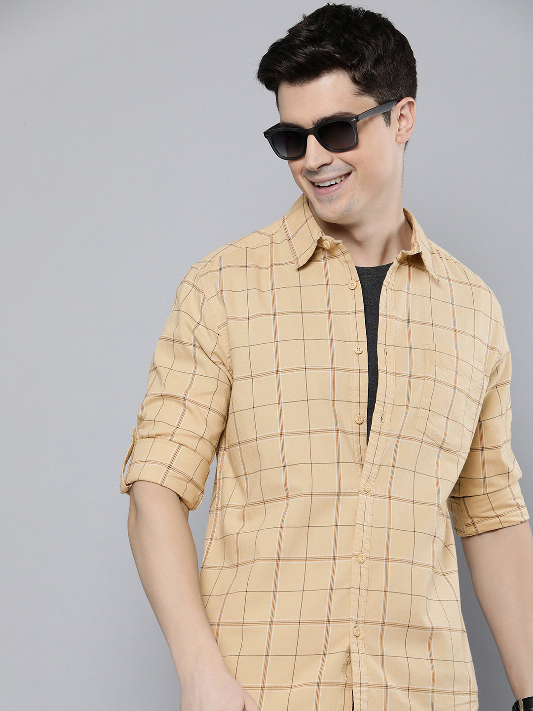 

HERE&NOW Slim Fit Checked Pure Cotton Casual Shirt, Beige