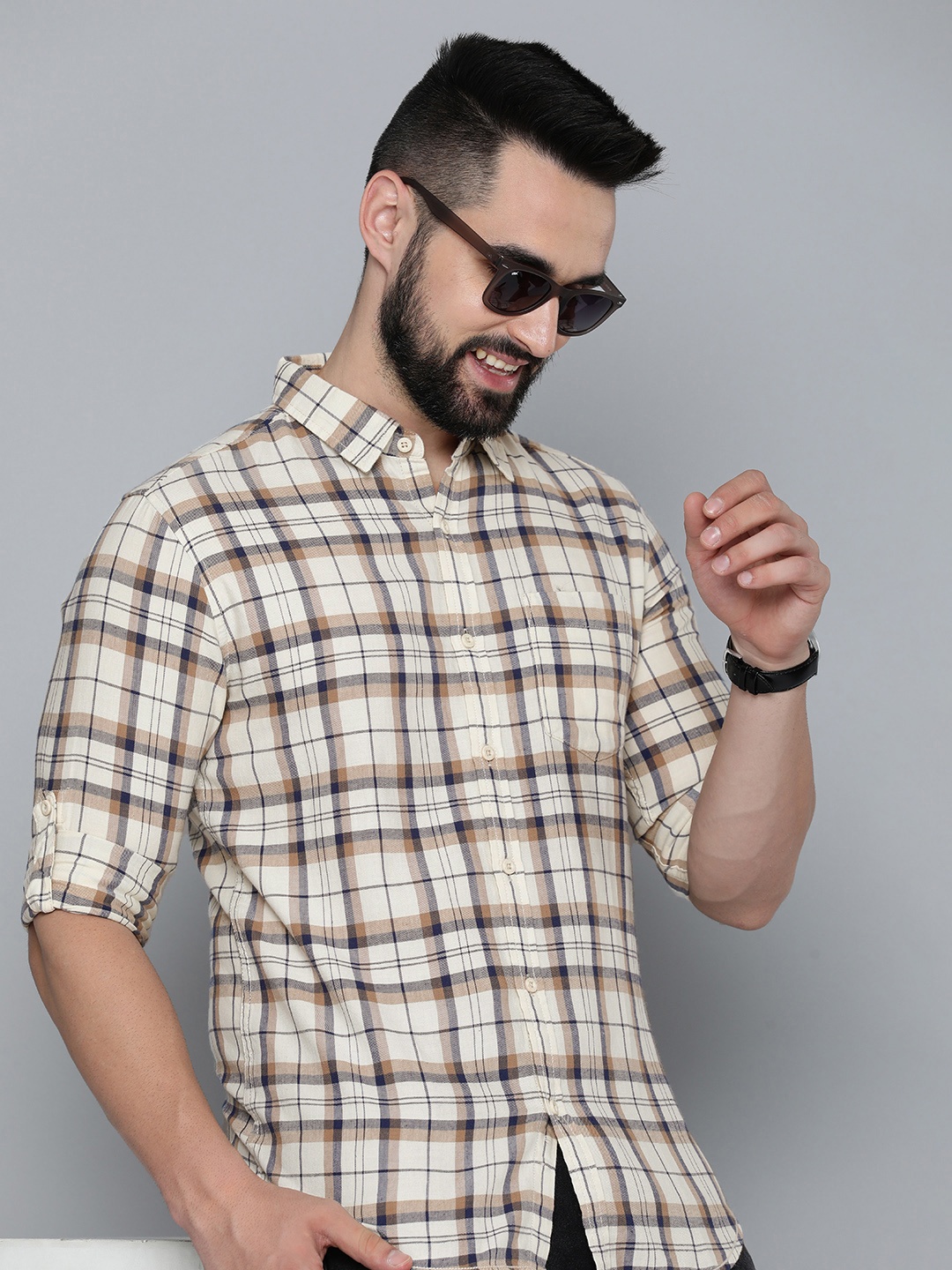 

HERE&NOW Slim Fit Pure Cotton Checked Casual Shirt, Beige