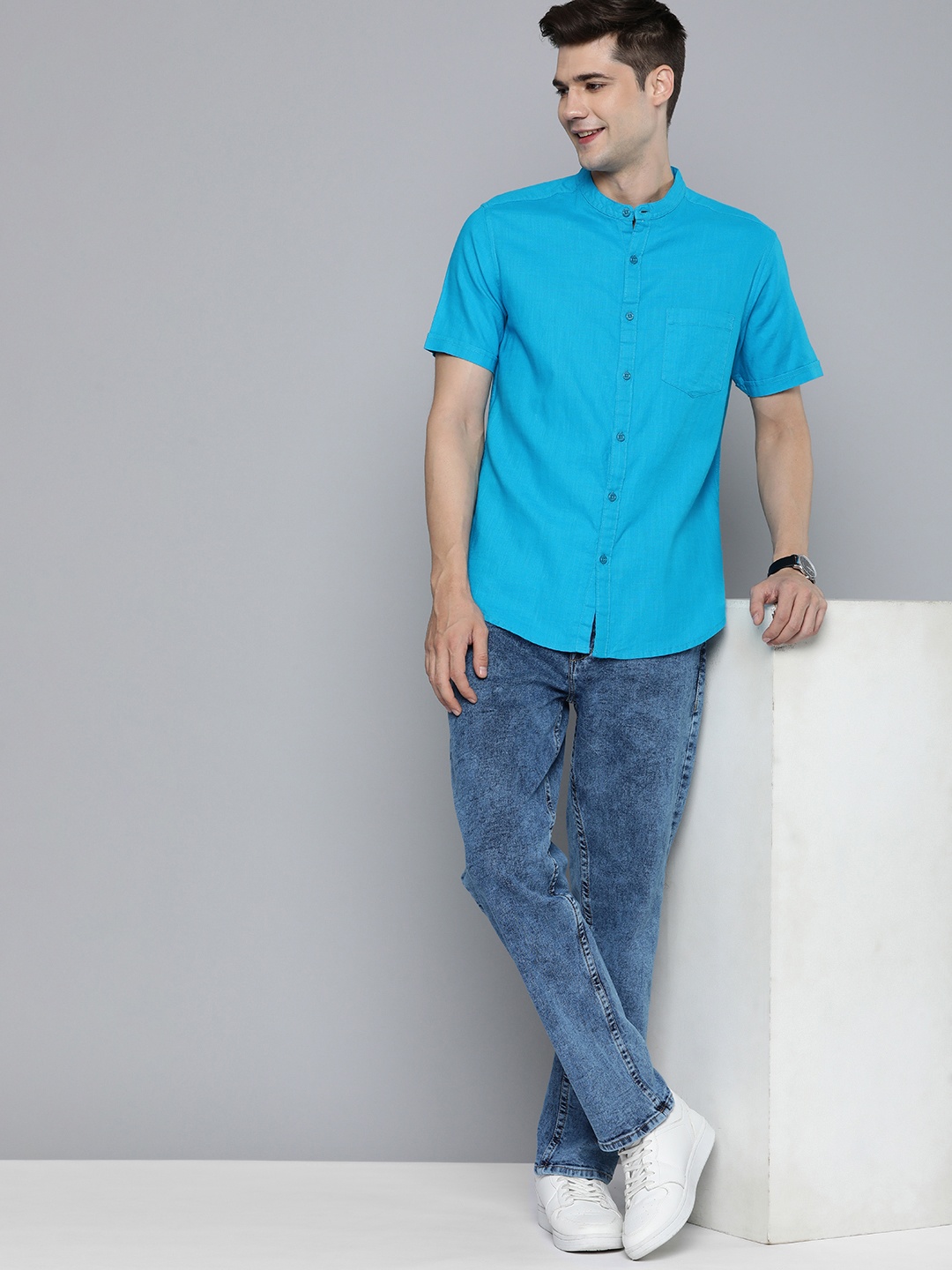 

HERE&NOW Pure Cotton Slim Fit Opaque Casual Shirt, Blue