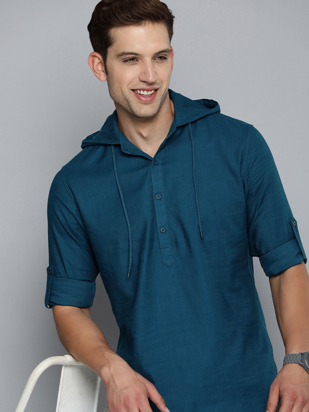 

HERE&NOW Men Hooded Pure Cotton Solid Slim Fit Opaque Casual Shirt, Blue