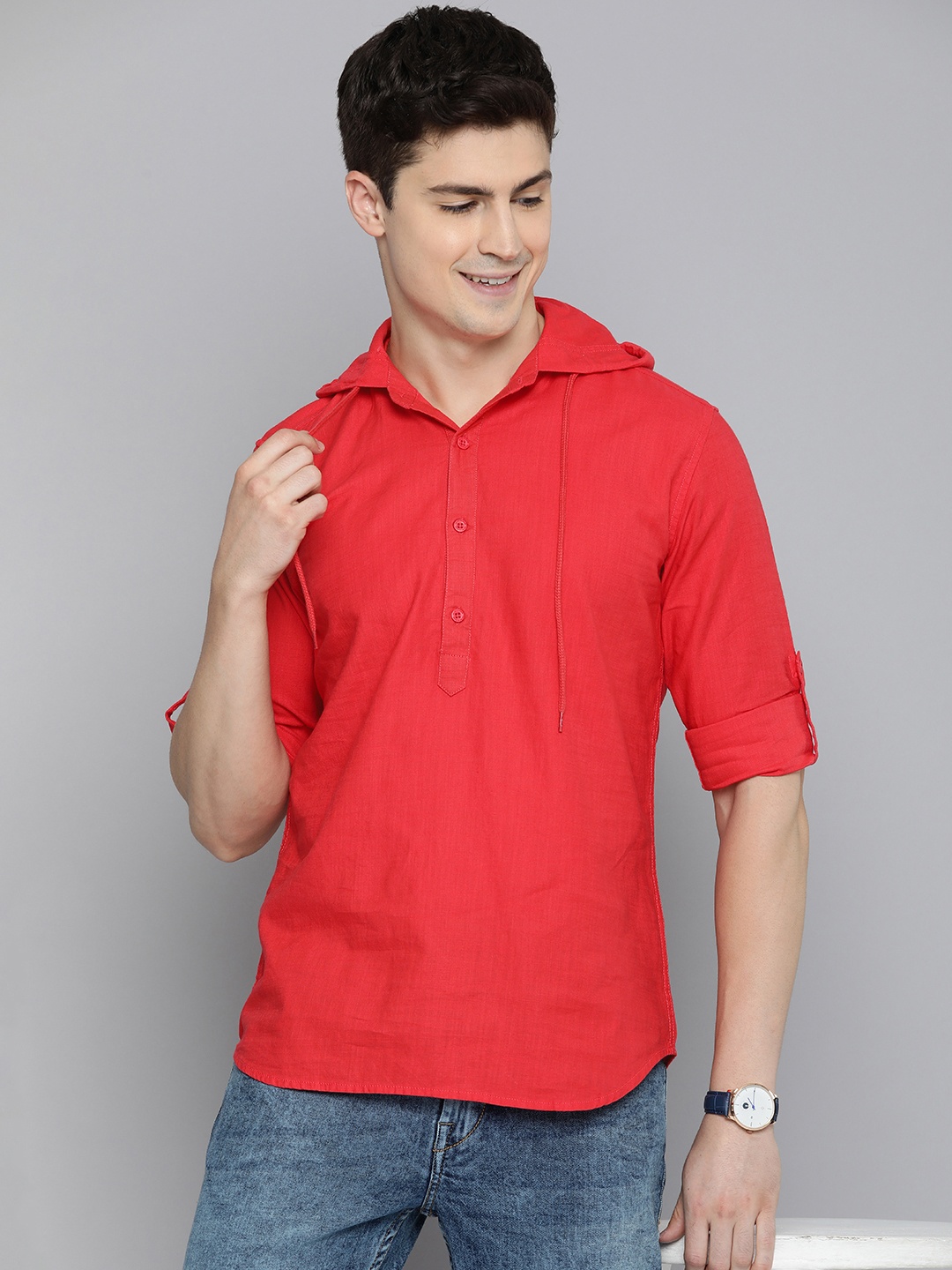 

HERE&NOW Pure Cotton Slim Fit Hooded Casual Shirt, Orange