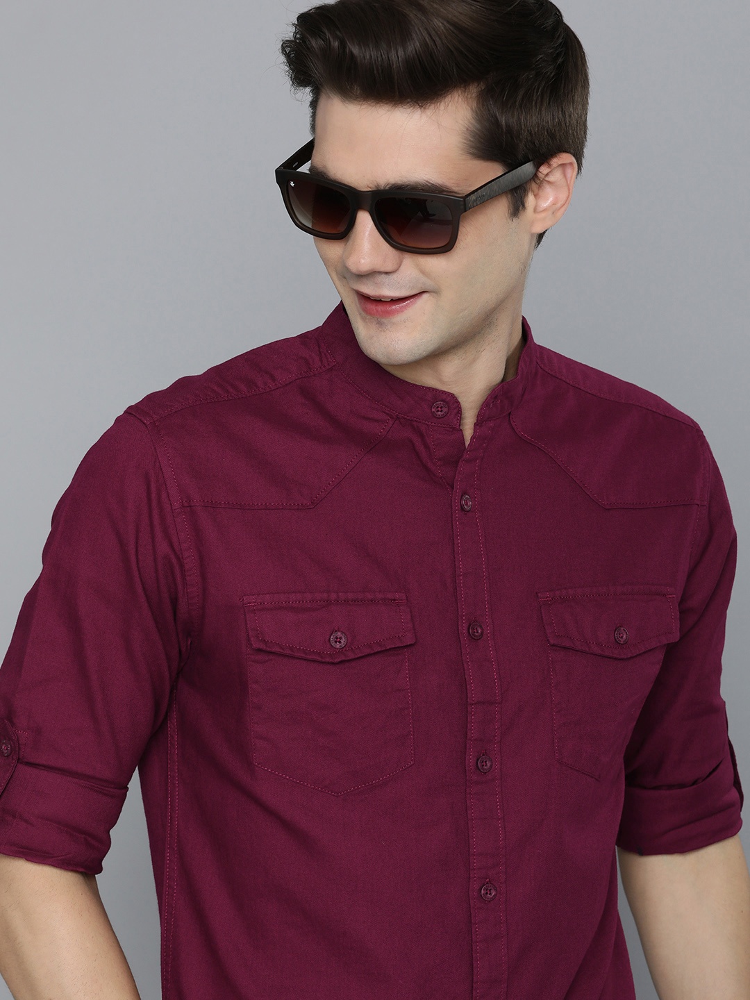 

HERE&NOW Men Pure Cotton Slim Fit Solid Casual Shirt, Burgundy