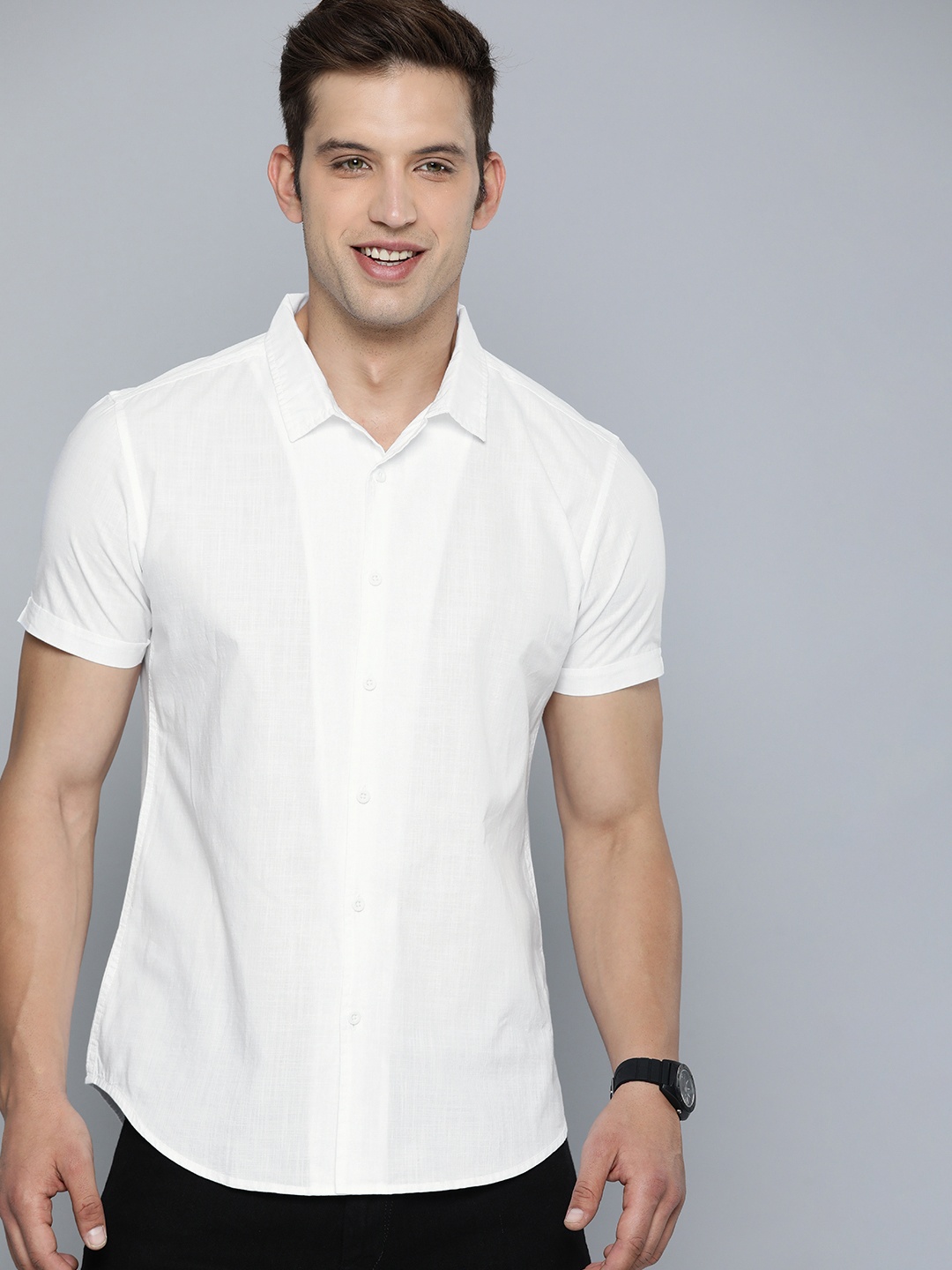 

HERE&NOW Men Pure Cotton Slim Fit Solid Cuban Collar Casual Shirt, White