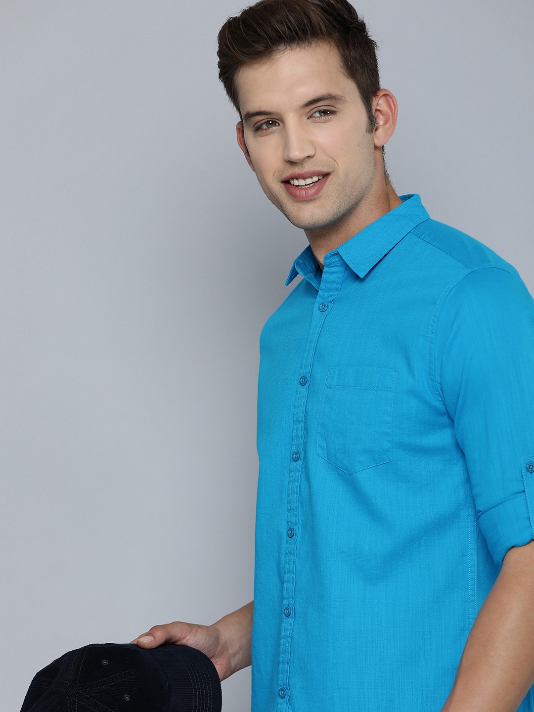 

HERE&NOW Men Pure Cotton Slim Fit Spread Collar Casual Shirt, Blue