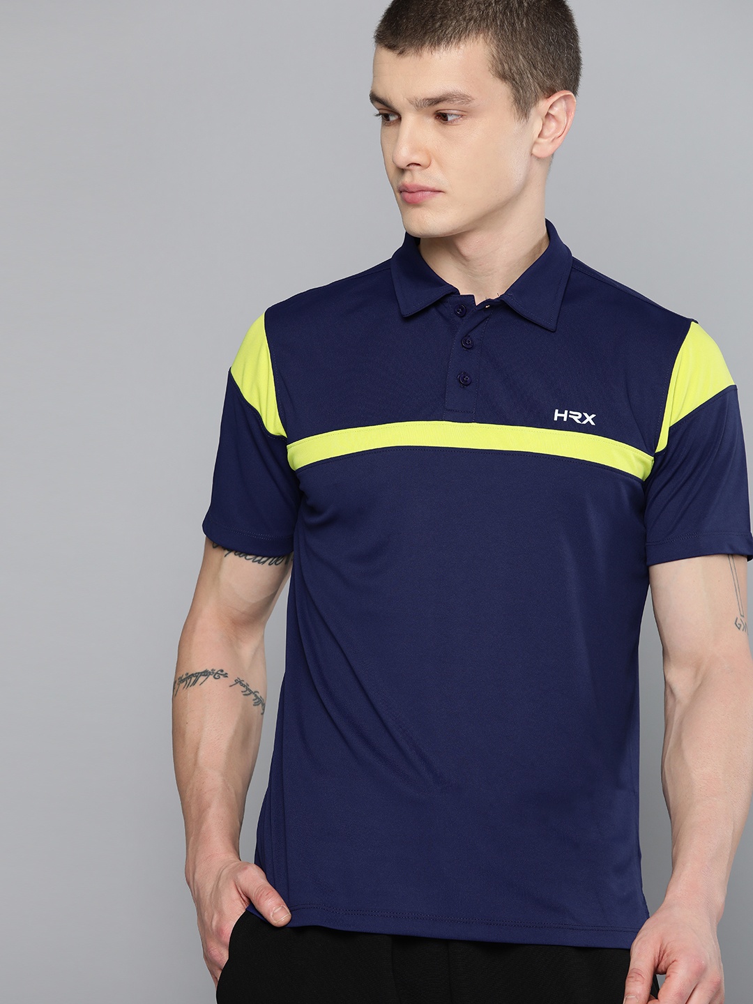 

HRX by Hrithik Roshan Rapid-Dry Striped Training T-shirt, Navy blue