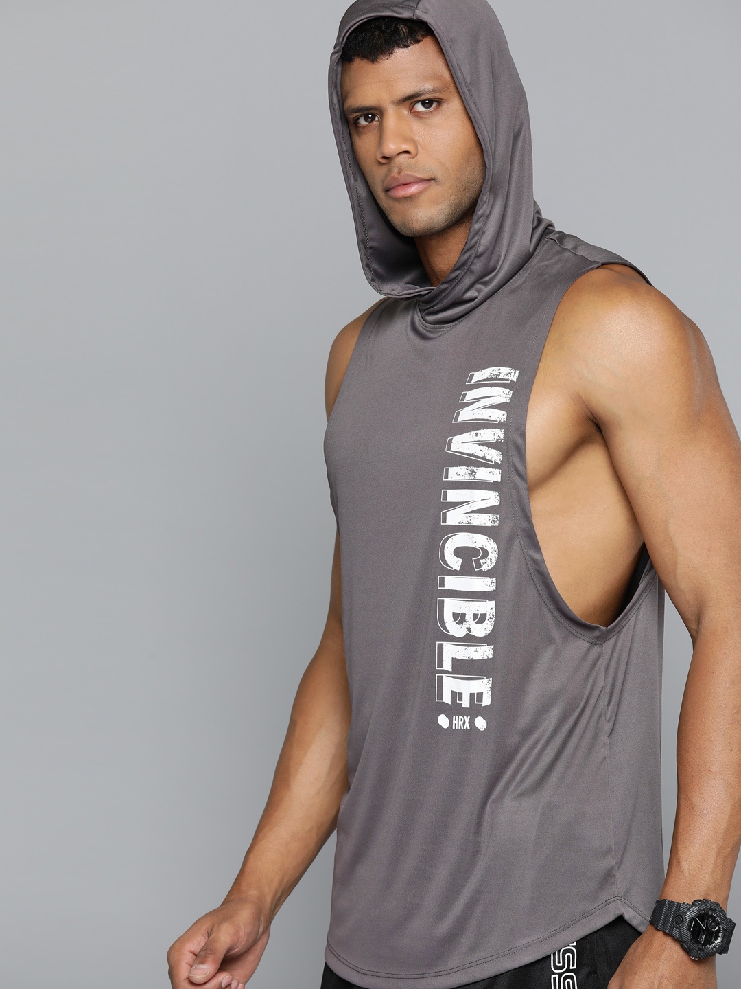 

HRX by Hrithik Roshan Men Printed Hooded Rapid-Dry Training T-shirt, Grey