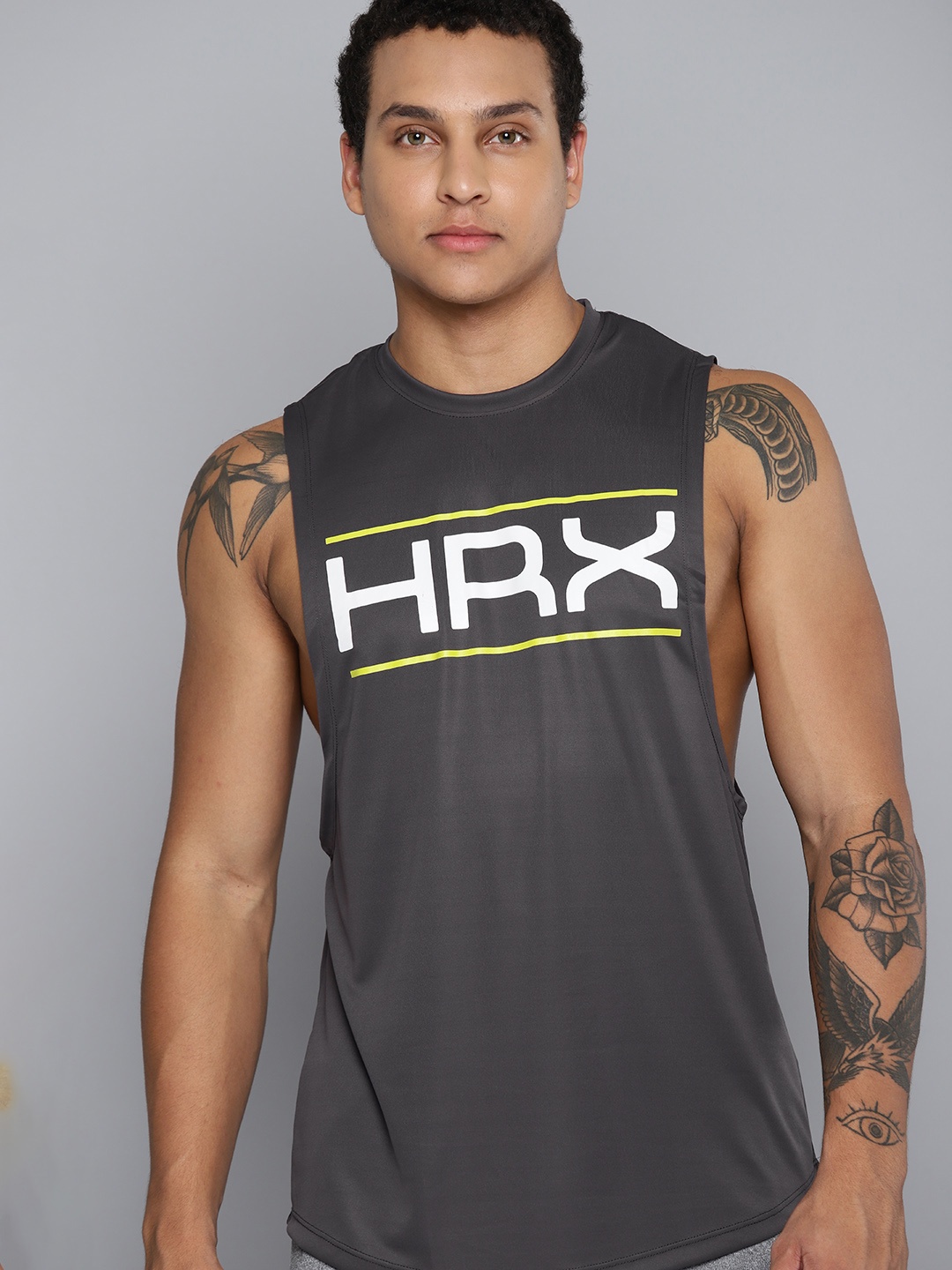 

HRX by Hrithik Roshan Rapid-Dry Brand Logo Printed Sleeveless Training T-shirt, Charcoal