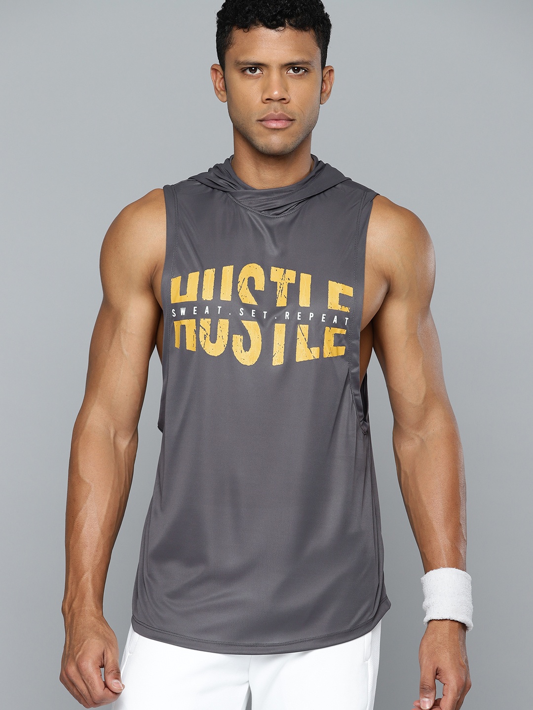 

HRX by Hrithik Roshan Rapid Dry Typography Printed Hooded Training T-shirt, Grey