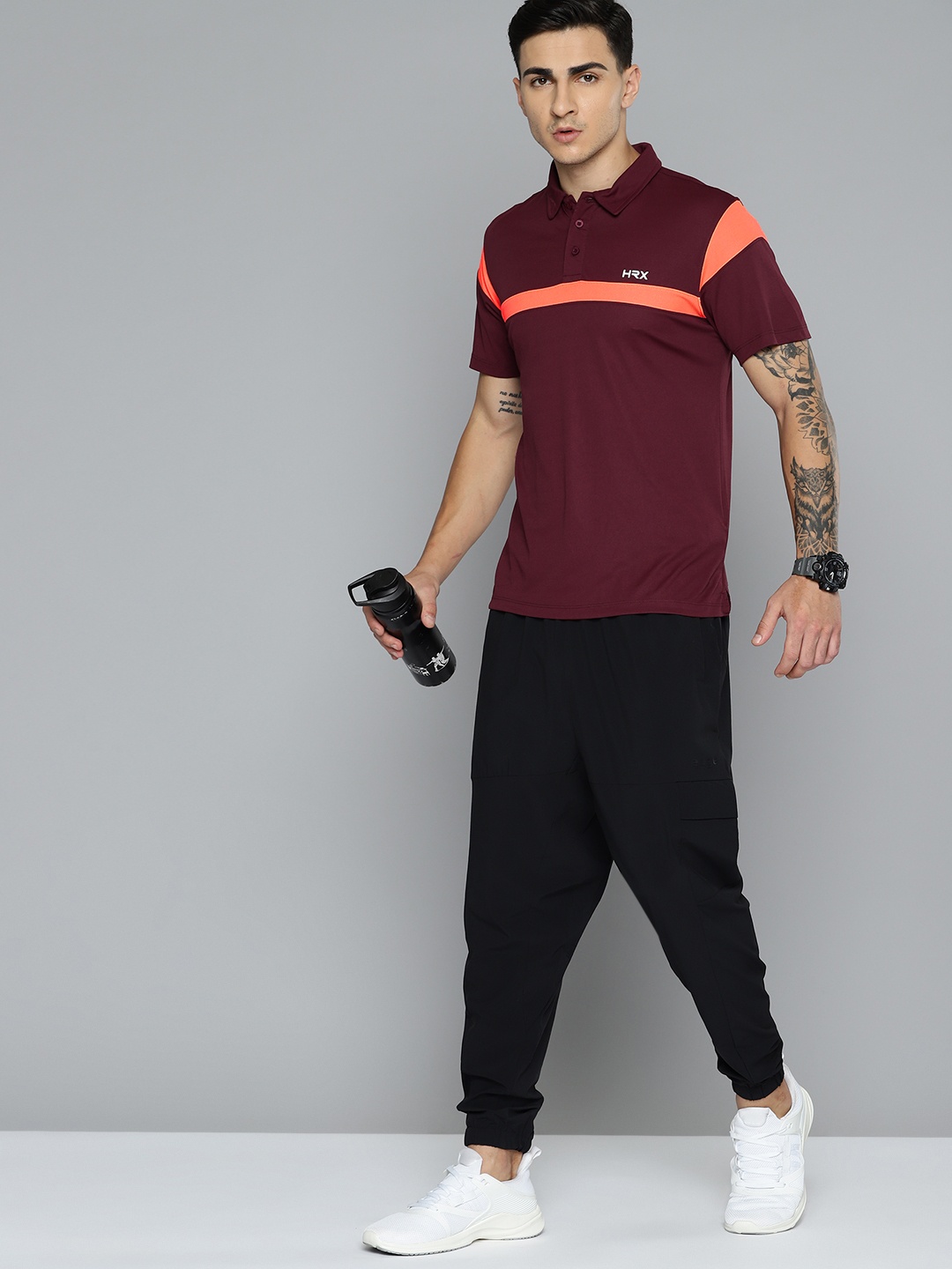 

HRX by Hrithik Roshan Striped Polo Collar Rapid- Dry Training T-shirt, Burgundy