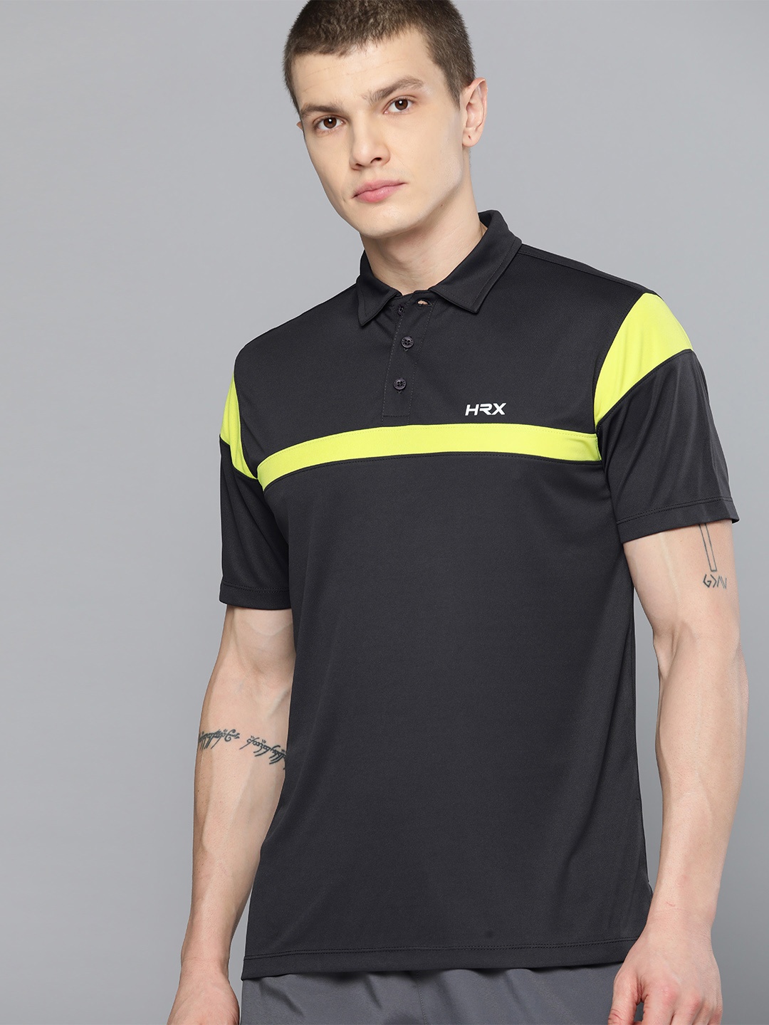 

HRX by Hrithik Roshan Rapid-Dry Striped Polo Collar Training T-shirt, Charcoal