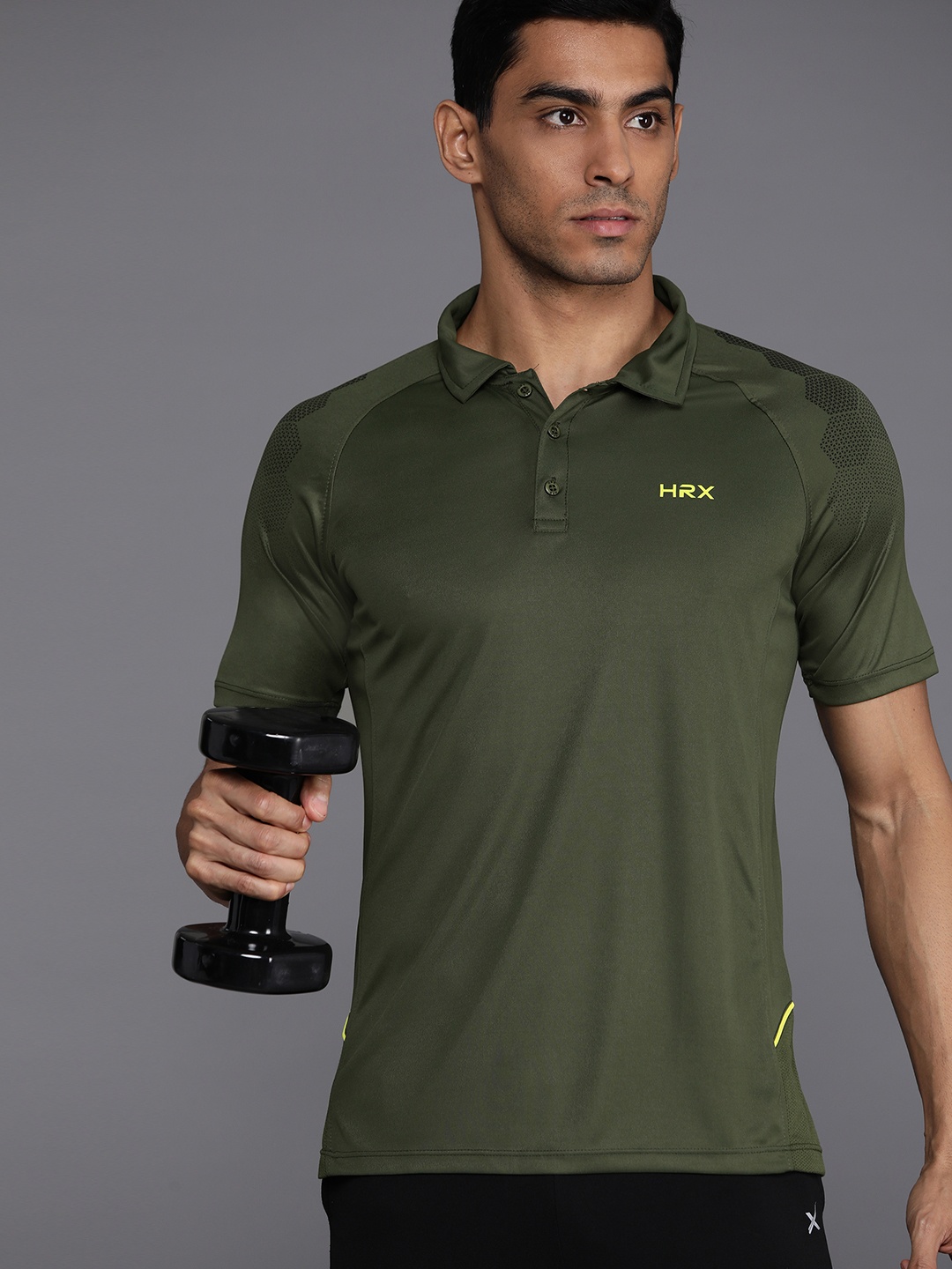 

HRX by Hrithik Roshan Minimal Logo Printed Raglan Sleeves Rapid-Dry Training Polo T-shirt, Olive