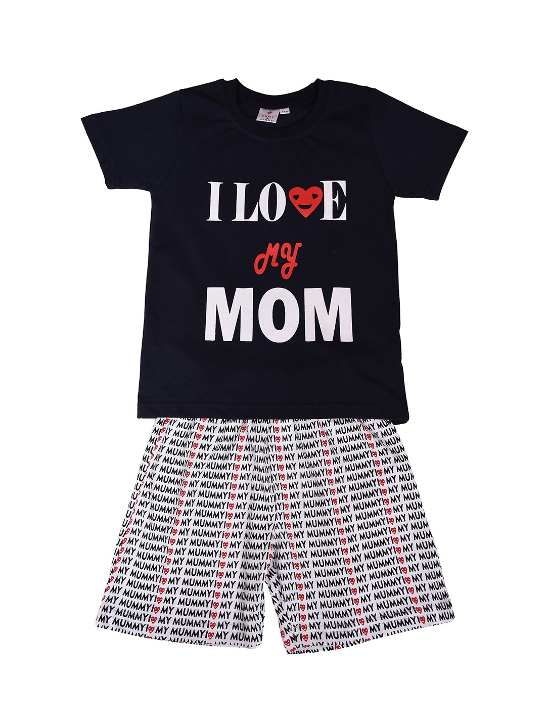 

POMY & JINNY Boys Typography Printed Pure Cotton T-shirt with Shorts, Navy blue