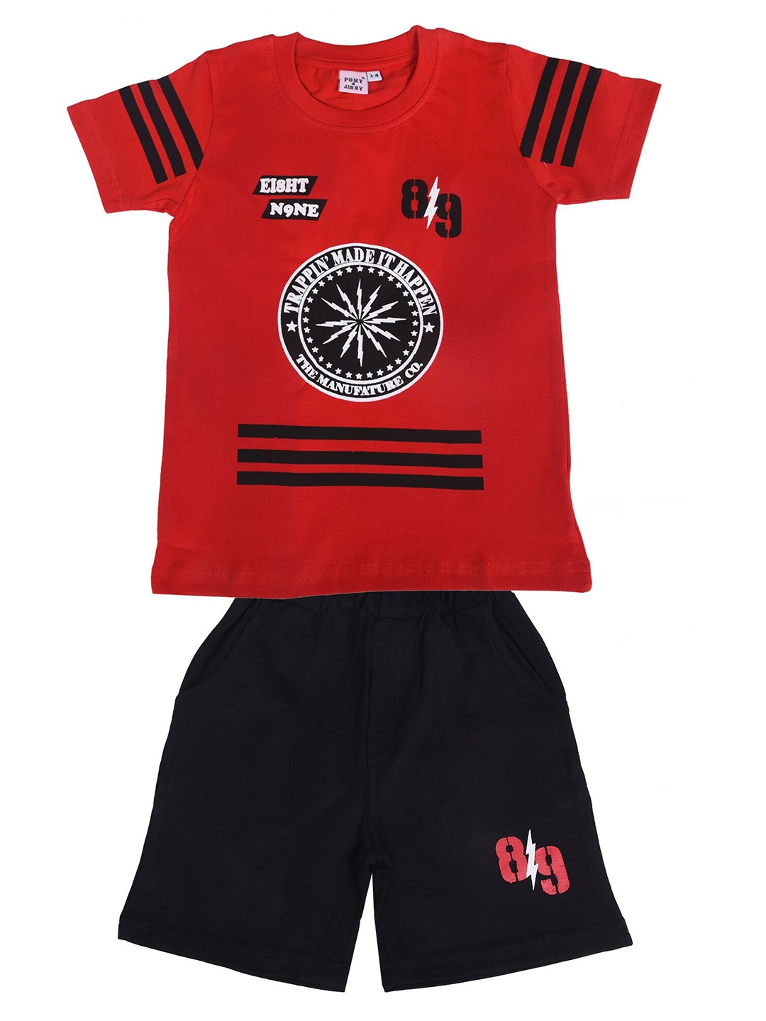 

POMY & JINNY Boys Graphic Printed Pure Cotton T-shirt with Shorts, Red