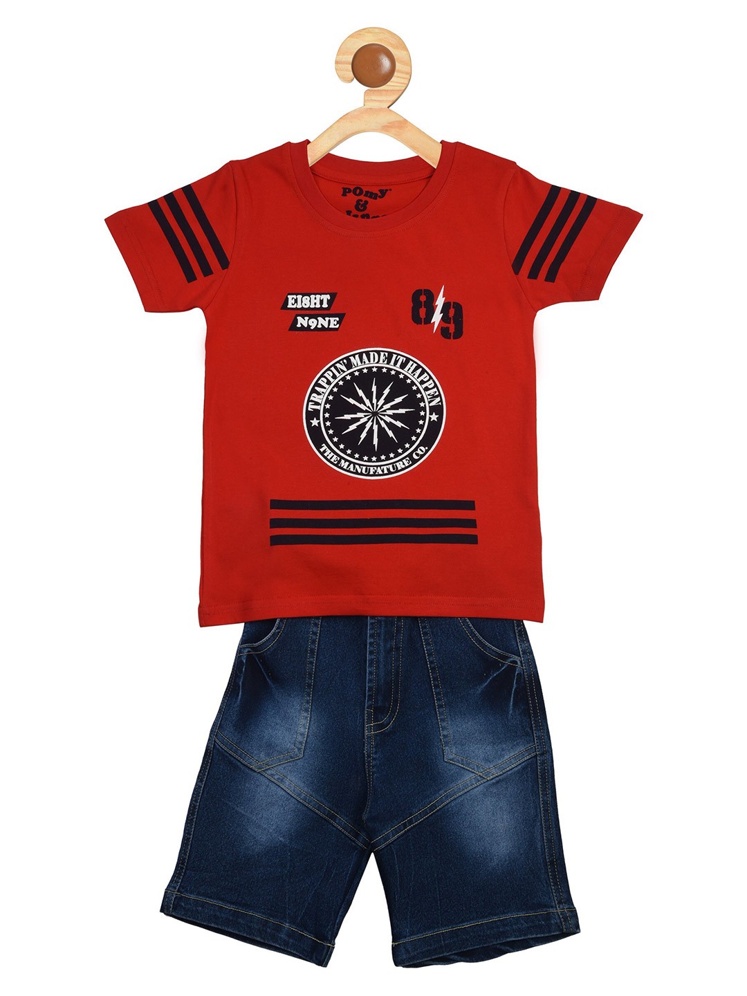 

POMY & JINNY Boys Printed Pure Cotton T-shirt with Shorts, Red