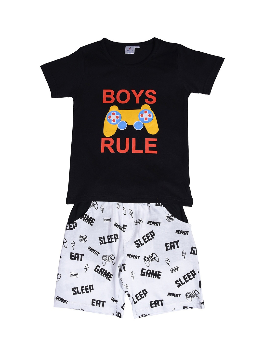 

POMY & JINNY Boys Printed Pure Cotton T-shirt with Shorts, Black