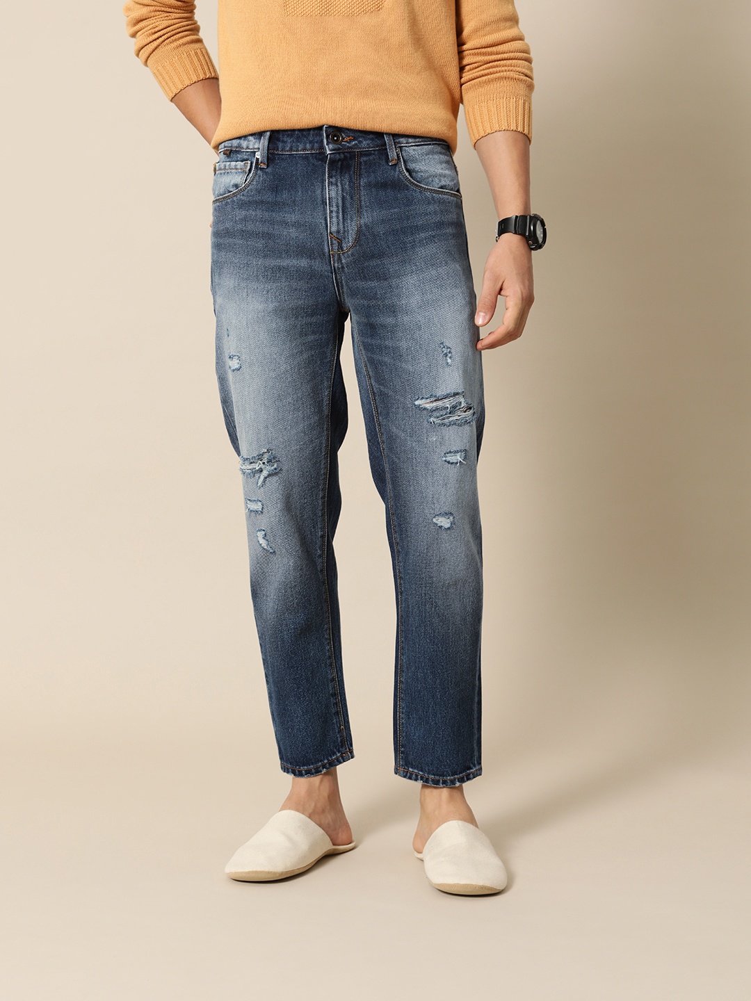 

Mr Bowerbird Men Pure Cotton Tapered Fit Mildly Distressed Heavy Fade Mid-Rise Jeans, Blue