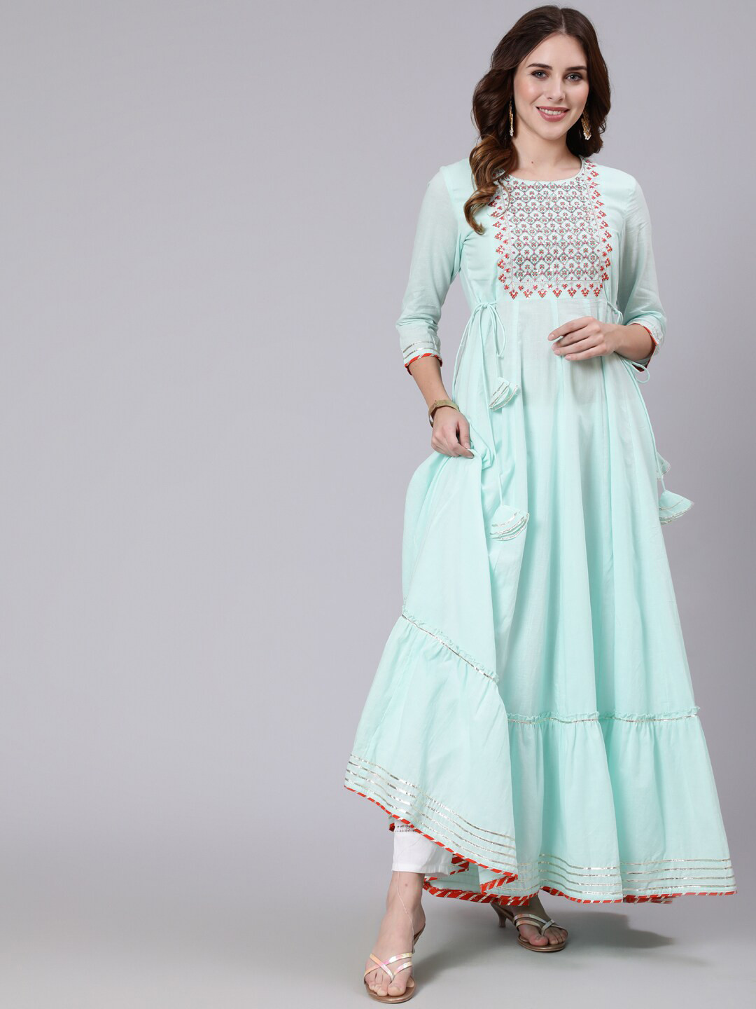 

GULMOHAR JAIPUR Women Yoke Design Embroidered Cotton Anarkali Kurta, Sea green