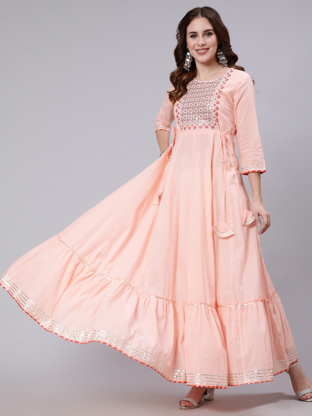 

GULMOHAR JAIPUR Ethnic Motifs Embroidered Thread Work Cotton Anarkali Kurta, Peach