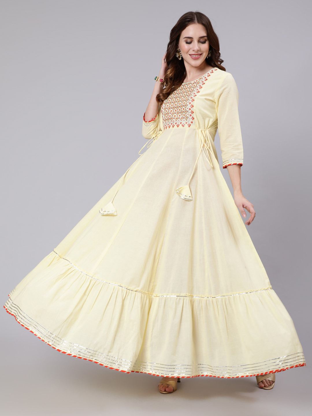 

GULMOHAR JAIPUR Ethnic Motifs Embroidered Thread Work Cotton Anarkali Kurta, Yellow