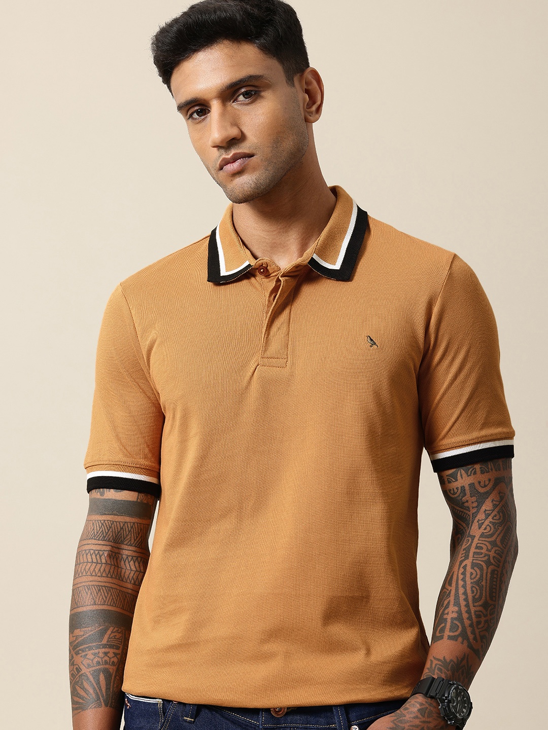 

Mr Bowerbird Tailored Fit Polo Collar Pure Cotton T-shirt, Camel brown