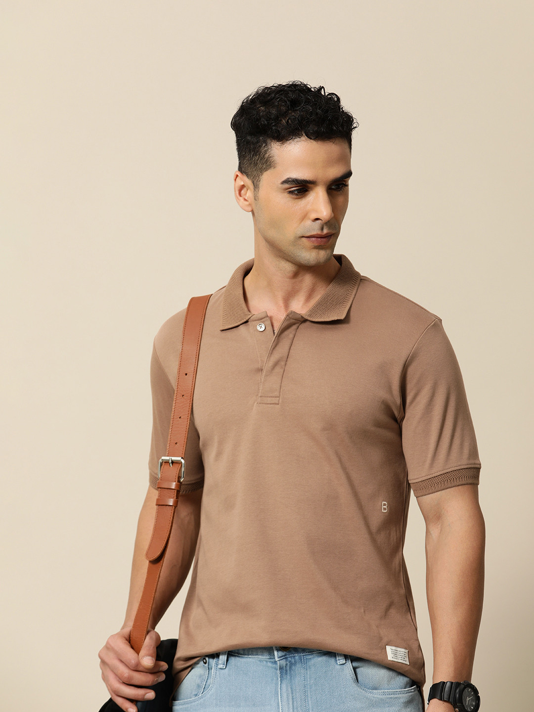 

Mr Bowerbird Solid Tailored Fit Polo Collar Pure Cotton T-shirt, Brown