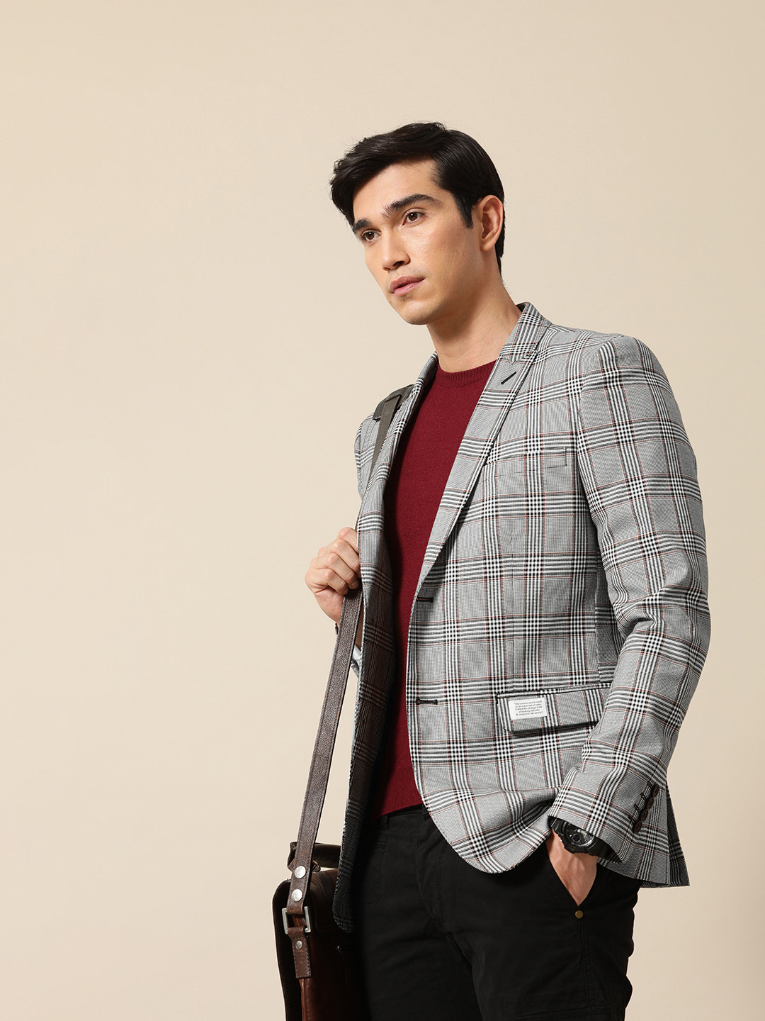

Mr Bowerbird Men Tailored Fit Tartan Checked Prince of Wales Single Breasted Casual Blazer, White