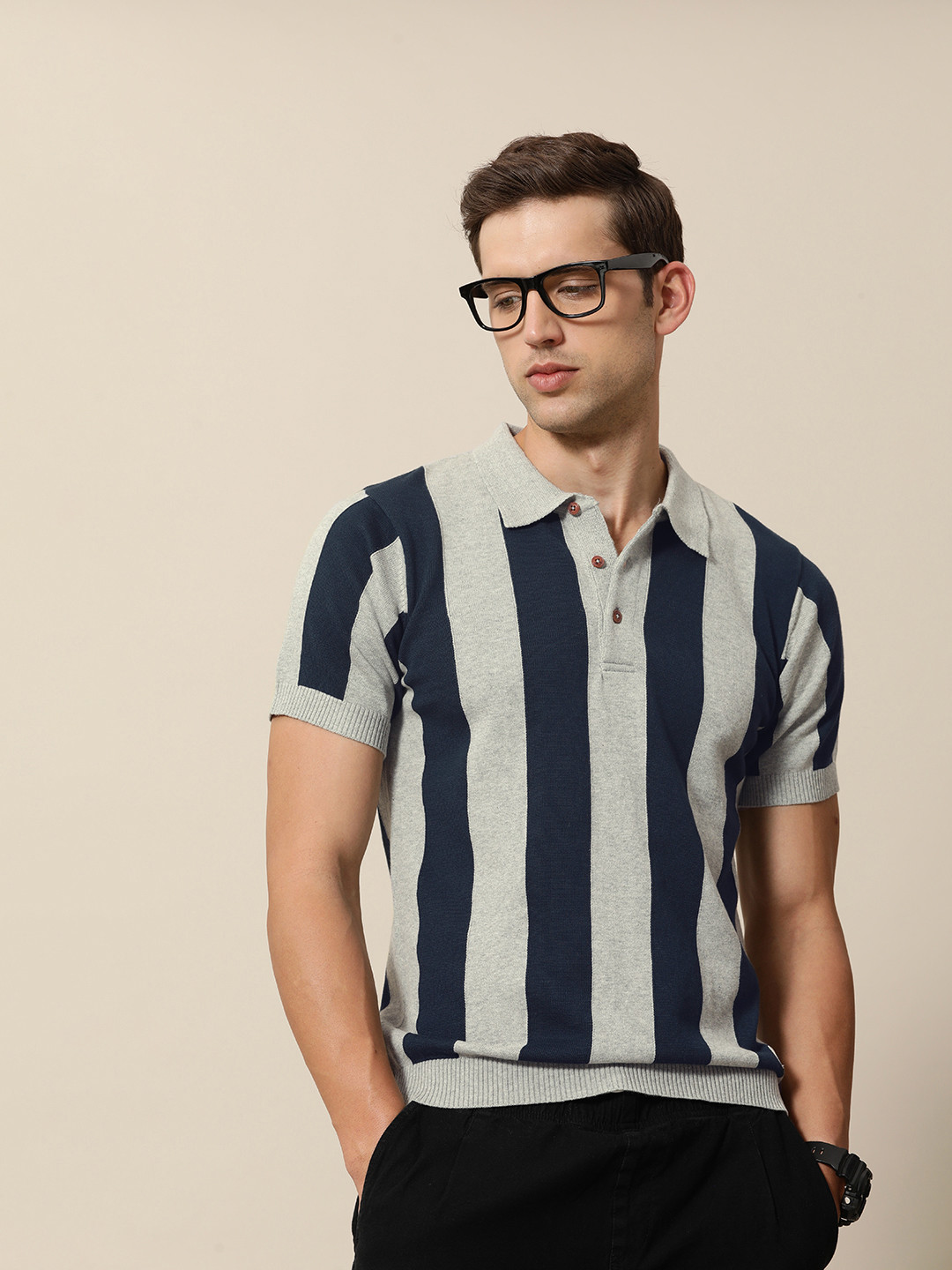 

Mr Bowerbird Tailored Git Striped Polo Collar Pure Cotton T-shirt, Navy blue