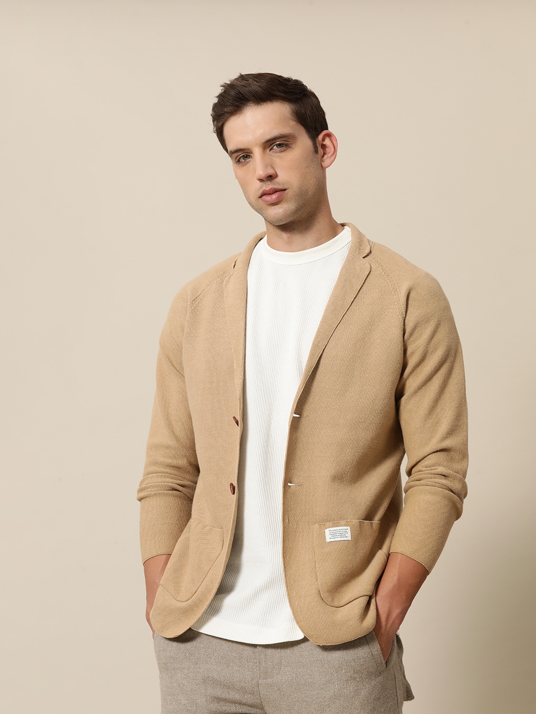 

Mr Bowerbird Tailored Fit Lightweight Knitted Single-Breasted Casual Blazer, Camel brown