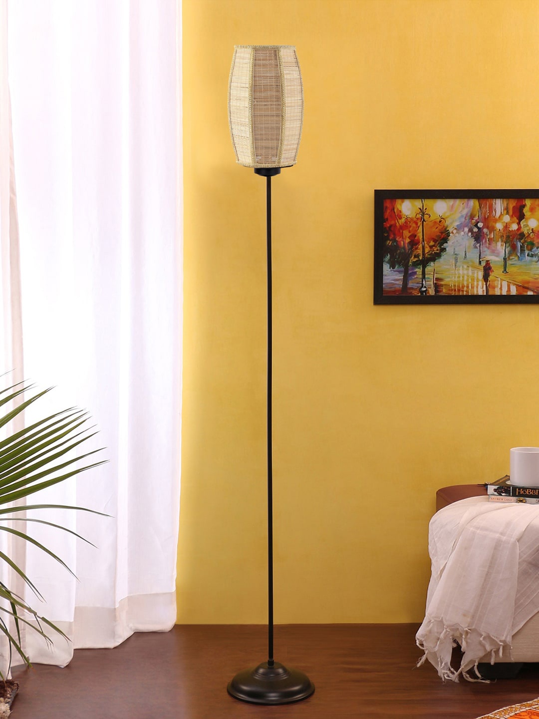 

Devansh Beige & Black Thin Iron Floor Lamp With Dholak Bamboo Shade