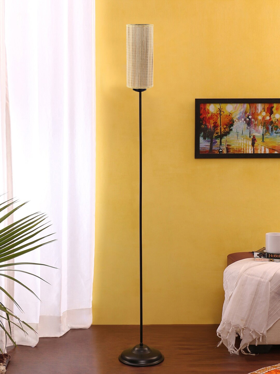 

Devansh Beige & Black Thin Iron Floor Lamp With Cylindrical Bamboo Shade