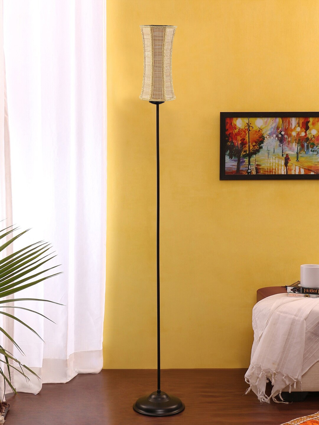 

Devansh Beige & Black Thin Iron Floor Lamp With Bamboo Shade