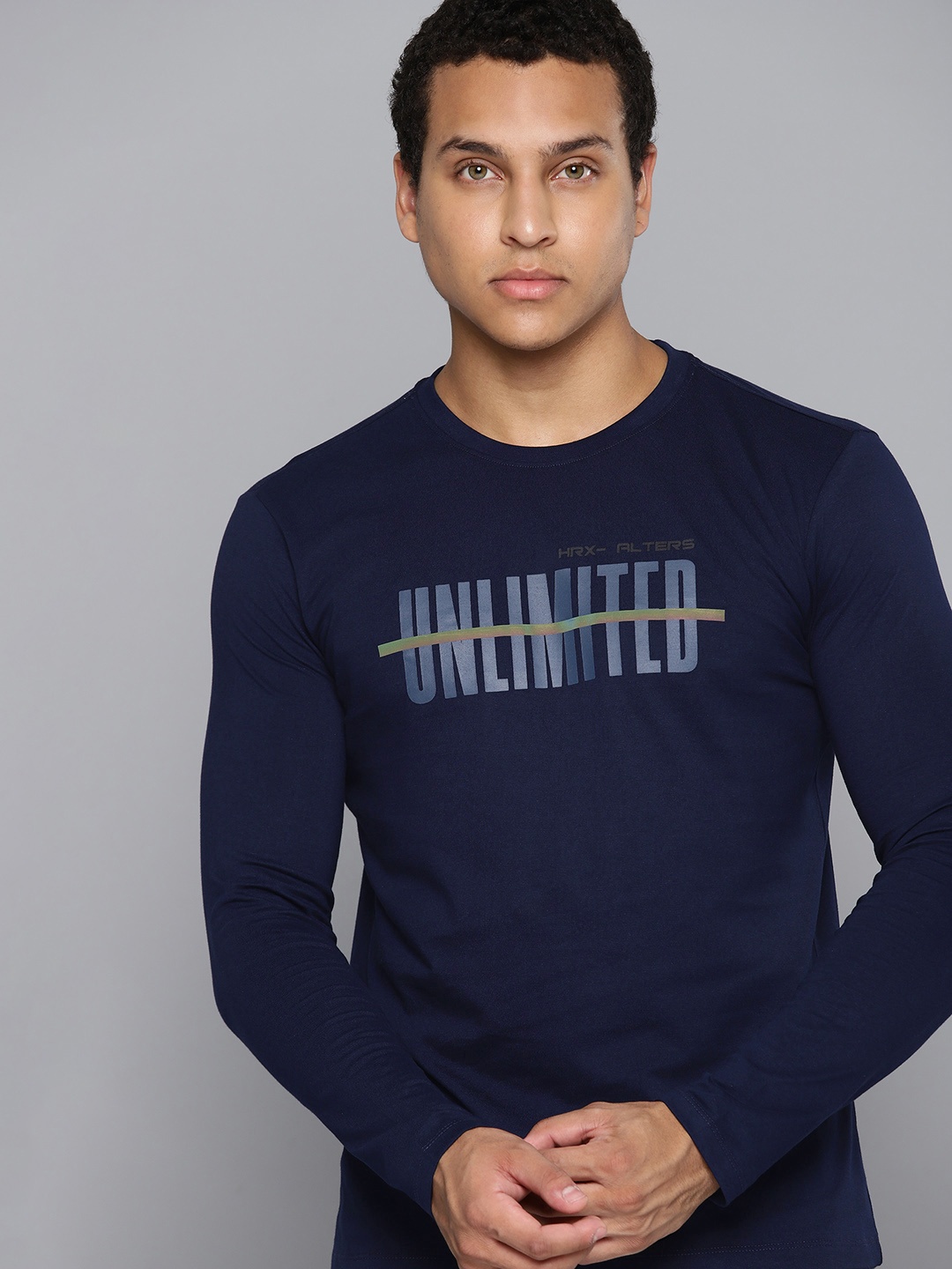 

HRX by Hrithik Roshan Men Typography Printed Pure Cotton T-shirt, Navy blue