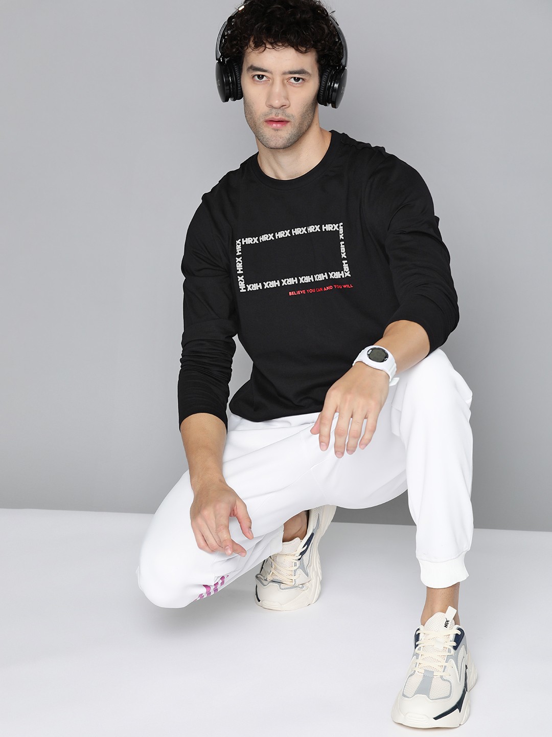 

HRX by Hrithik Roshan Brand Logo Embossed Pure Cotton T-shirt, Black