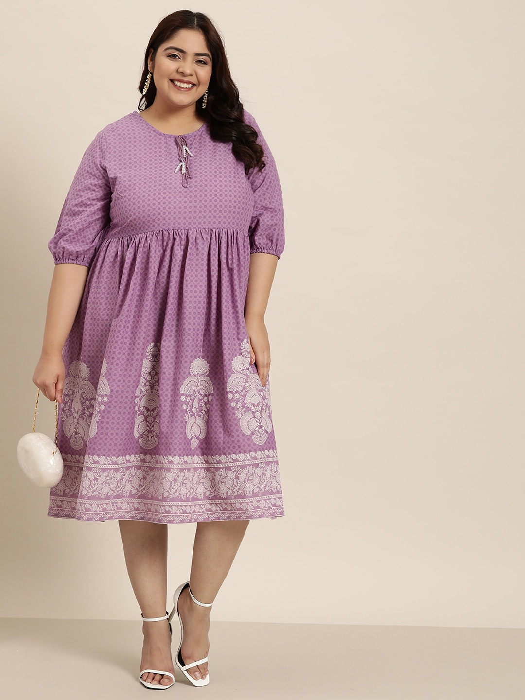 

Sztori Women Plus Size Ethnic Motifs Printed Pure Cotton A-Line Dress, Lavender