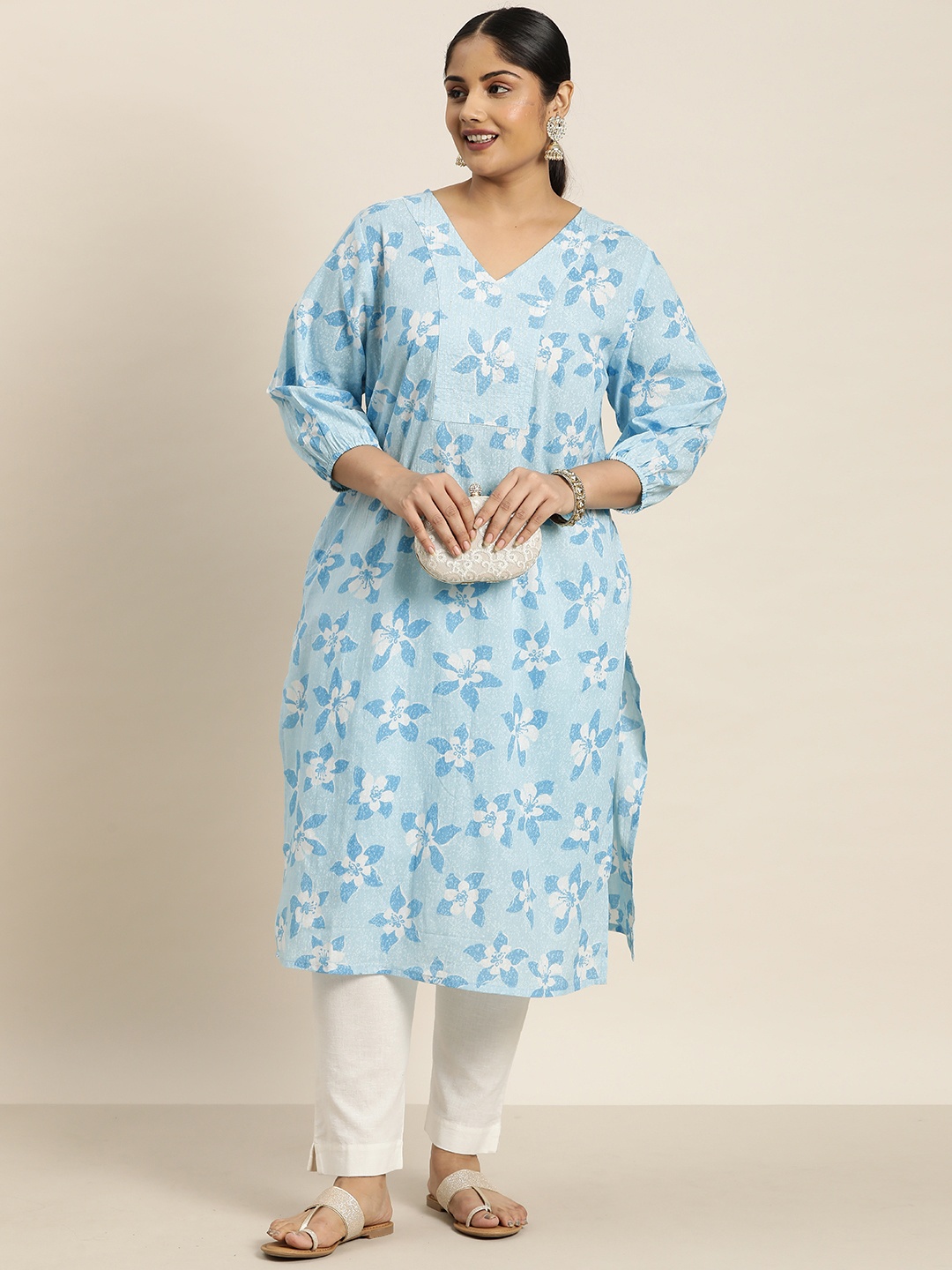 

Sztori Plus Size Floral Printed Thread Work Pure Cotton Kurta, Blue