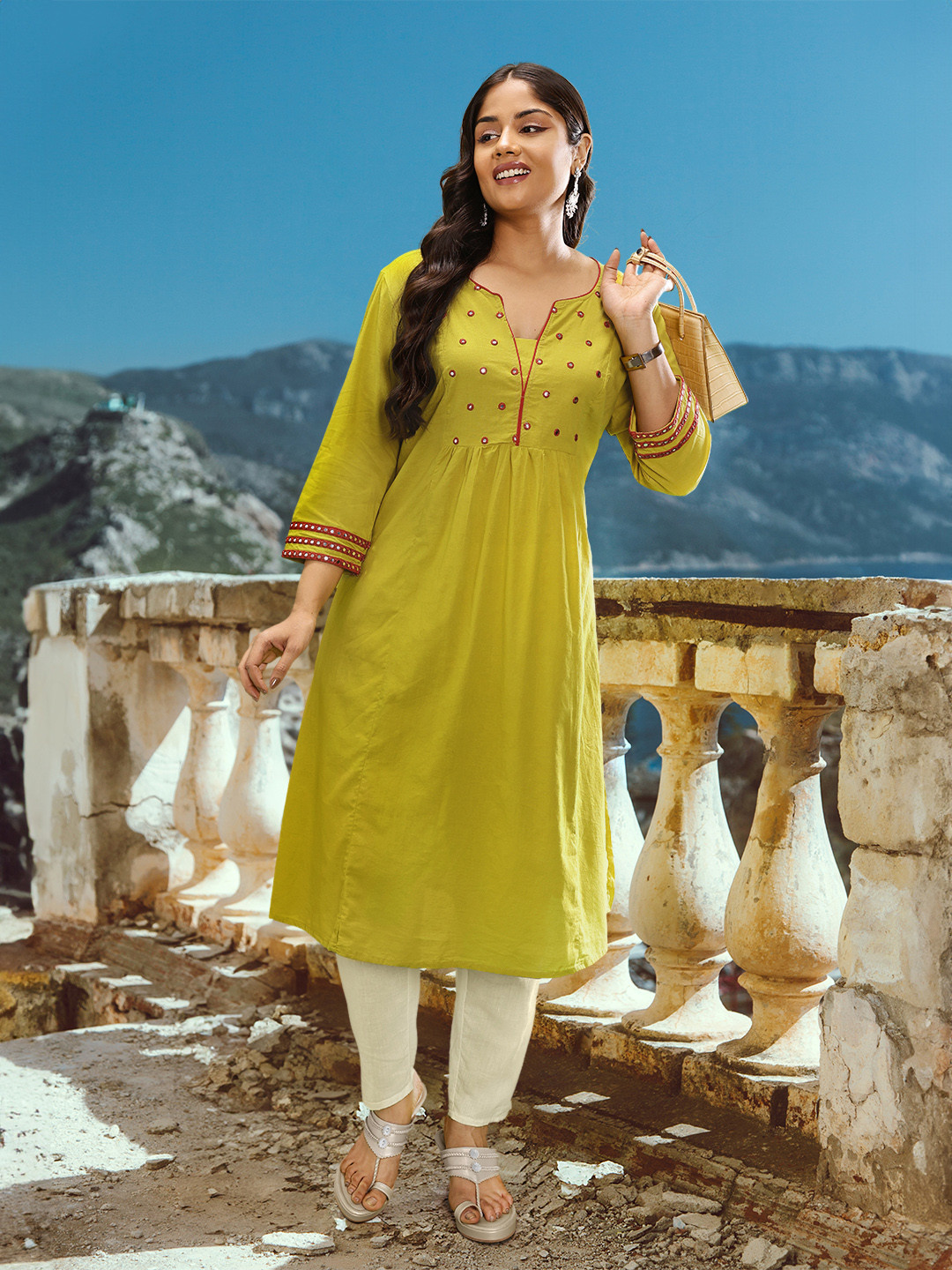 

Sztori Embroidered Yoke Design Mirror Work Kurta, Mustard