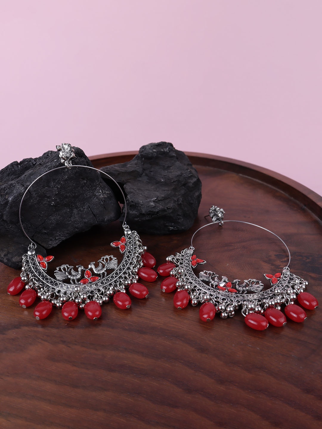 

VAGHBHATT Oxidised Circular Drop Earrings, Red